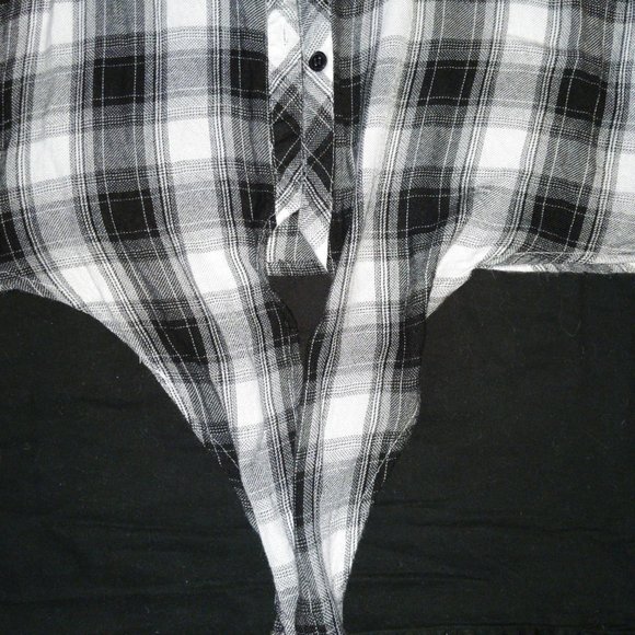 4/$20 | Black & White Plaid Button Up Shirt with tie knot on front bottom - Picture 7 of 10